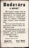 Budavára a miénk!, 1849. május 21-i forradalmi kiáltvány reprintje, hajtva, kis lapszéli szakadással, 40x24,5 cm