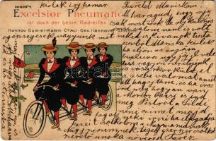 1899 (Vorläufer) Excelsior Pneumatic. Hannov. Gummi-Kamm Co. Act-Ges. Hannover-Limmer / German bicycle and tire shop advertisement art postcard, tandem bicycle. Edler & Krische litho (EB)