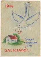 1944 Sokat gondolok rád Galíciából. Kézzel rajzolt tábori postai levelezőlap / WWII Hungarian military, hand-drawn field postcard from Galizien (EB)