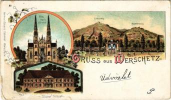 1899 (Vorläufer) Versec, Werschetz, Vrsac; Röm. kath. Kirche, Schlossberg, Kapellenberg, Bischof Palais / Római katolikus templom, Várhegy, Püspöki palota / Catholic church, bishop's palace. Eduard Schmidt Art Nouveau, floral, litho (EK)