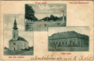 1909 Gombos, Bogojeva; Fő utca, Római katolikus templom, Állami óvoda. Weisz Lázár kiadása / main street, Catholic church, kindergarten (EB)