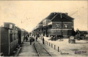 1908 Károlyváros, Karlovac; Bahnhof / Kolodvor / vasútállomás, vonat. L. Reich kiadása / railway station, train (fa)