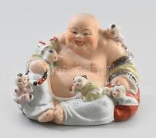 Nevető Buddha gyermekekkel. Kézzel festett porcelán, jelzés nélkül, hibátlan 16x14 cm