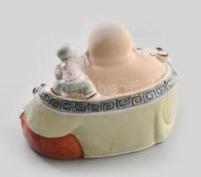 Nevető Buddha gyermekekkel. Kézzel festett porcelán, jelzés nélkül, hibátlan 16x14 cm