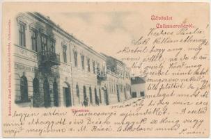 1900 Csíkszereda, Miercurea Ciuc; Vár utca, Friedmann kávéháza és cukrászdája, üzlet. Szvoboda József kiadása / street view, café and confectionery, shop (vágott / cut)