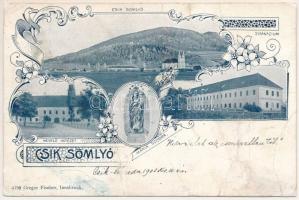 1902 Csíksomlyó, Sumuleu Ciuc; látkép, kegytemplom, gimnázium, nevelőintézet, Mária szobra. Gregor Fischer kiadása / general view, pilgrimage church, grammar school, boarding school, Virgin Mary statue. Art Nouveau, floral (r)