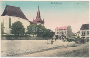 Bánffyhunyad, Huedin; Fő tér, piac, Apolló színház, Istenes László és Diamantstein Nándor üzlete. Abraham N. kiadása / main square, theatre, shops, market