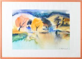 Natalia Bejenaru (1951-): Vízparti táj. Akvarell papír, jelzett, üvegezett fakeretben, 35x50 cm