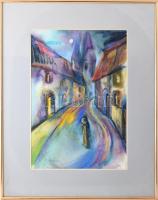 Natalia Bejenaru (1951-): Budai utca. Akvarell, pasztell, papír, jelzett, üvegezett fakeretben, 49x34 cm