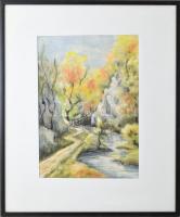 Mathis jelzéssel: Táj (Erdély?). Vegyes technika, papír, üvegezett fakeretben, 41x28,5 cm