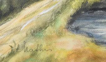 Mathis jelzéssel: Táj (Erdély?). Vegyes technika, papír, üvegezett fakeretben, 41x28,5 cm