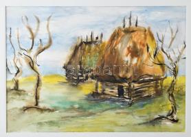 Mathis jelzéssel: Házak (Erdély?). Vegyes technika, papír, üvegezett fakeretben, 28,5x41 cm