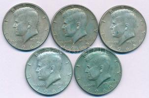 Amerikai Egyesült Államok 1965-1968D 1/2$ Ag "Kennedy" (5db, 3xklf) T:AU,XF patina USA 1965-1968D 1/2 Dollar Ag "Kennedy" (5pcs, 3xdiff) C:AU,XF patina Krause KM#202