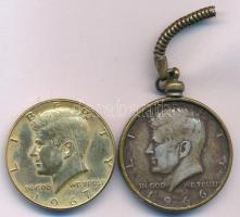 Amerikai Egyesült Államok 1966. 1/2$ Ag "Kennedy" kulcstartó + 1967. 1/2$ aranyozott Ag "Kennedy" T:VF,AU patina USA 1968D 1/2 Dollar Ag "Kennedy" key chain + 1967. 1/2 Dollar gilt Ag "Kennedy" C:VF,AU patina Krause KM#202