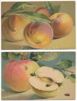 4 db RÉGI művészlap; gyümölcsök, közte litho / 4 pre-1945 motive art postcards: fruits, with lithos