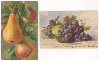 4 db RÉGI művészlap; gyümölcsök, közte litho / 4 pre-1945 motive art postcards: fruits, with lithos