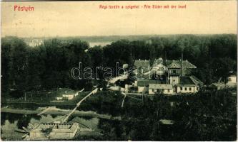 1909 Pöstyén, Piestany; Régi fürdők a szigettel, Vág folyó. W.L. Bo. 5736. / Alte Bäder mit der Insel / old spa buildings, island, Váh river