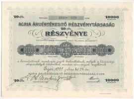 Eger 1922. "Agria Áruértékesítő Részvénytársaság" 10db részvénye egyben, összesen 10.000K-ról szárazpecséttel, szelvényekkel T:AU