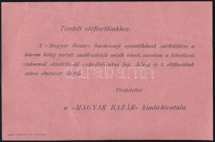 cca 1900 Magyar Bazár előfizetőihez címzett tájékoztató a karácsonyi ajándékok szétküldésének tárgyában, Athenaeum R.T. nyomda, m:23x14cm