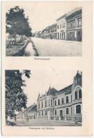 1916 Szászsebes, Mühlbach, Sebesul Sasesc, Sebes; Siculorumgasse, Rosengasse mit Rathaus / Székely utca, üzletek, Rózsa utca, Városháza / street view, shops, town hall (EK)