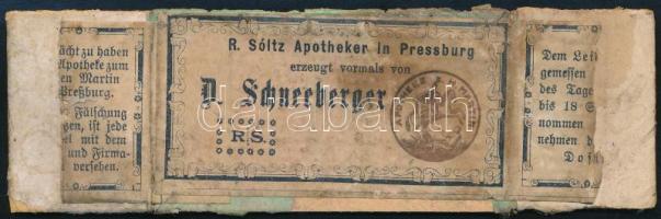 cca 1900 Pozsony / Pressburg - Apotheke zum Heiligen Martin - R. Sóltz korábban D. Schneeberger "Szent Mártonhoz" címzett gyógyszertára orvosságos papírdoboz oldallapja, hiányos