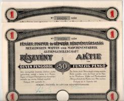 Budapest 1935-1942. "Fémáru-, Fegyver és Gépgyár Részvénytársaság" részvénye 50P-ről német és magyar nyelven, szelvényekkel, bélyegzéssel és szárazpecséttel (3x, közte sorszámkövető pár) T:AU,XF