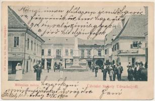 1900 Székelyudvarhely, Odorheiu Secuiesc; Millenium szobor, Hodor Károly üzlete, liszt és termény raktár. Gál János kiadása / monument, shops (EK)