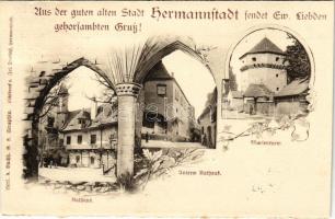 1912 Nagyszeben, Hermannstadt, Sibiu; Rathaus, Unter'm Rathaus, Marienturm / Városháza, Mária-torony / town hall, tower. Art Nouveau, floral (vágott / cut)