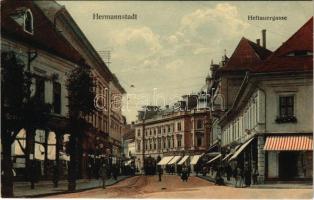 Nagyszeben, Hermannstadt, Sibiu; Heltauergasse / Disznódi utca, Hotel Römischer Kaiser szálloda, villamos, üzletek. W. Krafft kiadása / street view, hotel, tram, shops