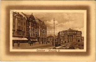 Temesvár, Timisoara; Hunyadi út, villamos, színház, üzletek / street view, tram, theatre, shops (EK)