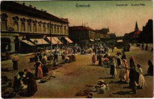 1911 Temesvár, Timisoara; Scudier tér, piac, Rosner Menyhért, Deutsch üzlete, villamos / square, market, shops, tram (EB)