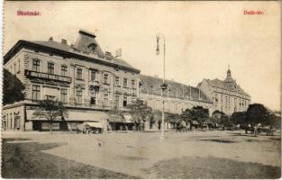 Szatmárnémeti, Szatmár, Satu Mare; Deák tér, Adriai Biztosító Társulat Főügynöksége, üzletek / square, insurance company, shops (felületi sérülés / surface damage)