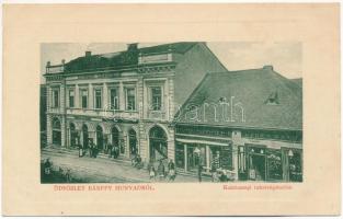 Bánffyhunyad, Huedin; Kalotaszegi Takarékpénztár, gyógyszertár, Csoma Sándor üzlete. W.L. Bp. 356. Hirschfeld Ferenc kiadása / savings bank, pharmacy, shops (EK)