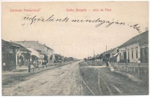 1907 Pankota, Pancota; Csiky Gergely utca és Fő út, üzletek. Menczer A. Adolf kiadása / street view, shops (ázott / wet damage)