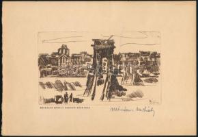 Mészáros Mihály (1930-2008): A romos Lánchíd. Rézkarc, papír, jelzett, 9x14 cm