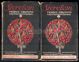 Móricz Zsigmond: Szerelem I-II. köt. Móricz Zsigmond egyfelvonásosai. I. köt.: Dupla pofon. Kvitt. A zördög. II. köt.: Aranyos öregek. Tökmag. A kapuban. Politika. Bp., 1913.,Nyugat, 79;78+1 p. Első kiadás! A borítók Falus Elek munkái. Kiadói papírkötések, kopott, foltos borítóval, a II. kötet gerincén kis sérüléssel, a könyvtestek elváltak a borítótól és szétváltak, az I. kötet foltos lapokkal.