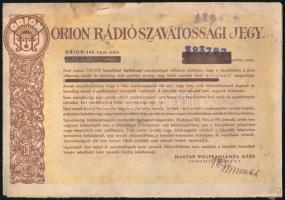 cca 1944 Orion 444 rádió szavatossági jegye, egyben Tungsram csőszavatossági jegy, kissé foltos