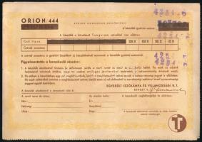 cca 1944 Orion 444 rádió szavatossági jegye, egyben Tungsram csőszavatossági jegy, kissé foltos