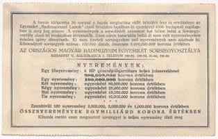 1925. "Országos Magyar Hadimúzeum Egyesület" tárgysorsjáték sorsjegy 10.000K értékben, &qu...
