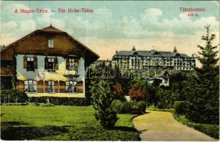 1911 Tátralomnic, Tatranská Lomnica (Magas-Tátra, Vysoké Tatry); Palota szálloda, Gróf Pejacsevich nyaraló, villa. Kiadja Divald Károly műintézete 1487-1908. / hotel, villas (Rb)