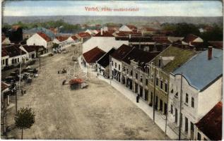 1914 Verbó, Vrbové; Fő tér madártávlatból, Hitelbank, piac, Josef Fürst üzlete. Emánuel István kiadása / main square, credit bank, market, shop