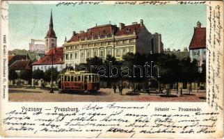 1902 Pozsony, Pressburg, Bratislava; Sétatér, villamos. Duschinsky G. kiadása / promenade, tram (EK)