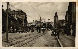 1930 Pozsony, Pressburg, Bratislava; Námestie / utca, Református templom, Tatra Banka, G. Duschinsky üzlete / street, Calvinist church, bank, shops