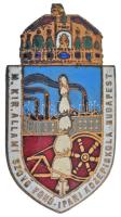 ~1930-1940. M. Kir. Állami Szövő Fonó Ipari Középiskola Budapest zománcozott bronz iskolajelvény, hátlapon 411 sorszám beütéssel (53x30mm) T:AU a hátoldalán tű helyett fém rögzítőpántok