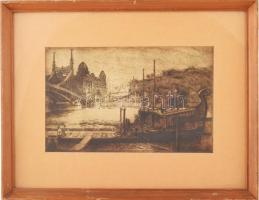 Jelzés nélkül: Dunaparti részlet a Budapest hajóval, a Szabadság-híddal és Gellért Szállóval. Rézkar...