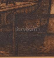 Jelzés nélkül: Dunaparti részlet a Budapest hajóval, a Szabadság-híddal és Gellért Szállóval. Rézkar...