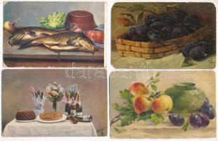 9 db RÉGI művész képeslap csendéletekről, vegyes minőség / 9 pre-1945 art postcards in mixed quality: still life