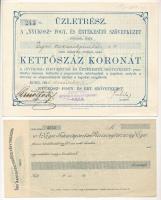 Eger 1921. " "NYUKOSZ" (Nyugdíjas Katonatisztek Országos Szövetsége) Fogy. és Értékesítő Szövetkezet" üzletrésze 200K értékben szelvényekkel + "Egri Takarékpénztár Részvénytársaság Eger" kitöltetlen csekkje T:AU,UNC