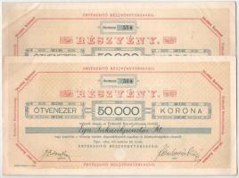 Eger 1923. "Értékesítő Részvénytársaság" részvénye 50.000K-ról szárazpecséttel, szelvényekkel (2x) sorszámkövetők T:XF