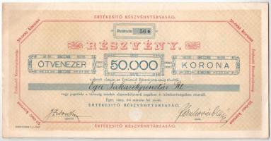Eger 1923. "Értékesítő Részvénytársaság" részvénye 50.000K-ról szárazpecséttel, szelvények...